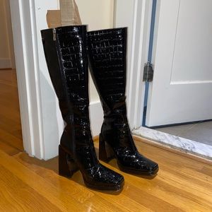 Princess Polly knee high patent croc boots